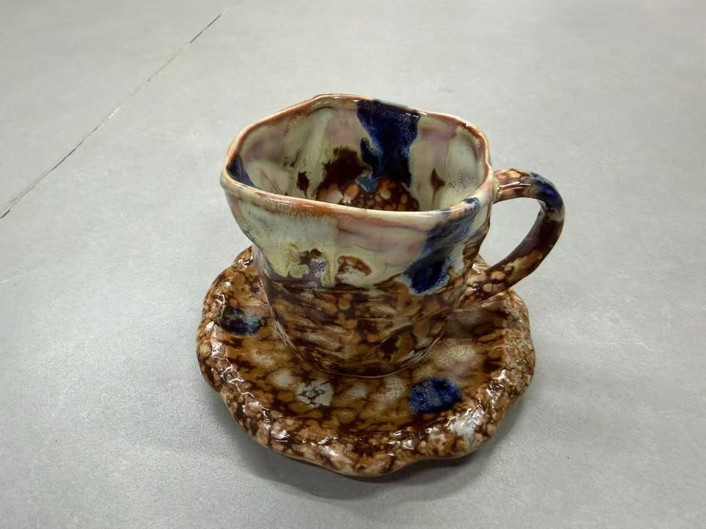 Wild Amber Agate Sapphire Splash Wabi-Sabi Ceramic Mug Set | One-of-a-Kind Hand Crinkled Jingdezhen Cup & Saucer