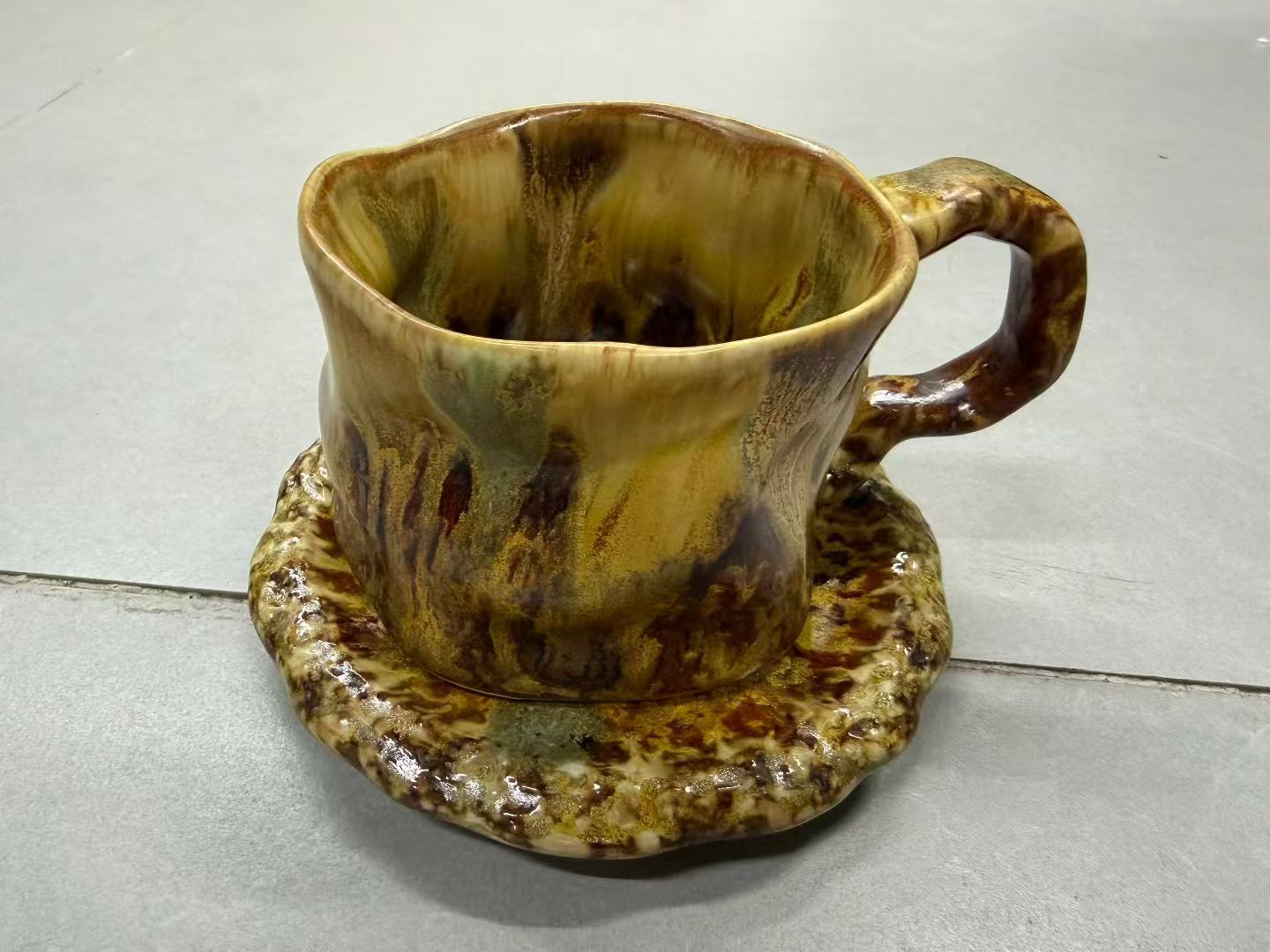 Wild Terrain Vertical Flow Glaze Wabi-Sabi Ceramic Mug Set | One-of-a-Kind Hand Crinkled Jingdezhen Cup & Saucer