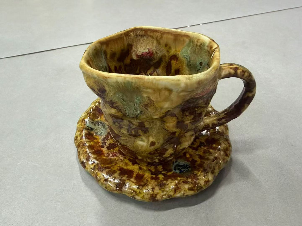 Handmade Flowing Glaze Wabi-Sabi Ceramic Mug Set | Jingdezhen Earth Art Cup & Saucer