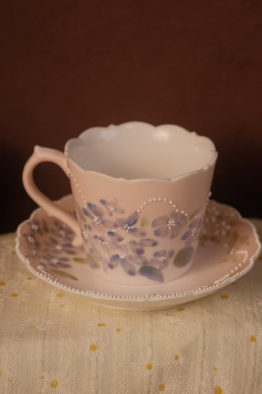 Hand Sculpted Lavender Hydrangea Jingdezhen Porcelain Mug & Saucer Set