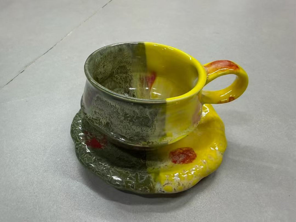 Half Split Moss Green & Lemon Yellow Wabi-Sabi Ceramic Mug Set | One-of-a-Kind Handmade Jingdezhen Cup & Saucer