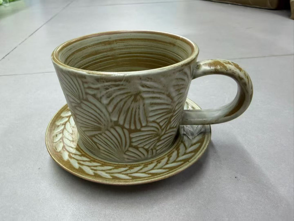 Palm Frond Kiln Relief — Jingdezhen Hand-Carved Botanical Stoneware Mug & Saucer Set