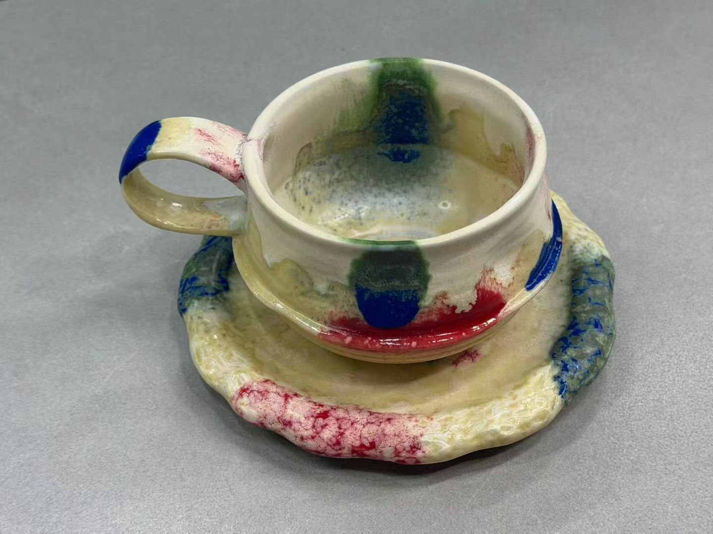 Handmade Watercolor Splash Wabi-Sabi Ceramic Mug Set | One-of-a-Kind Jingdezhen Irregular Cup & Saucer