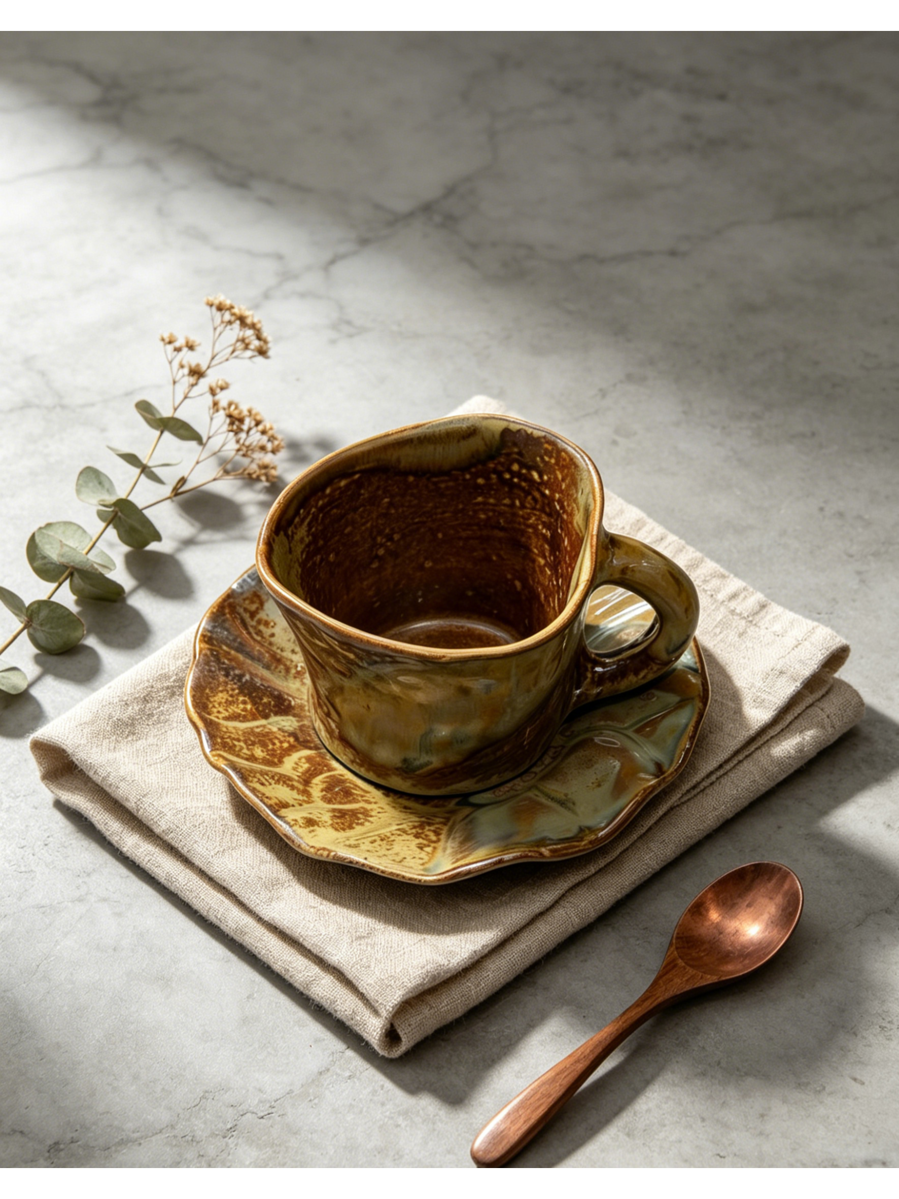 Jingdezhen Amber Ember Wood-Fired Ceramic Mug & Saucer Set