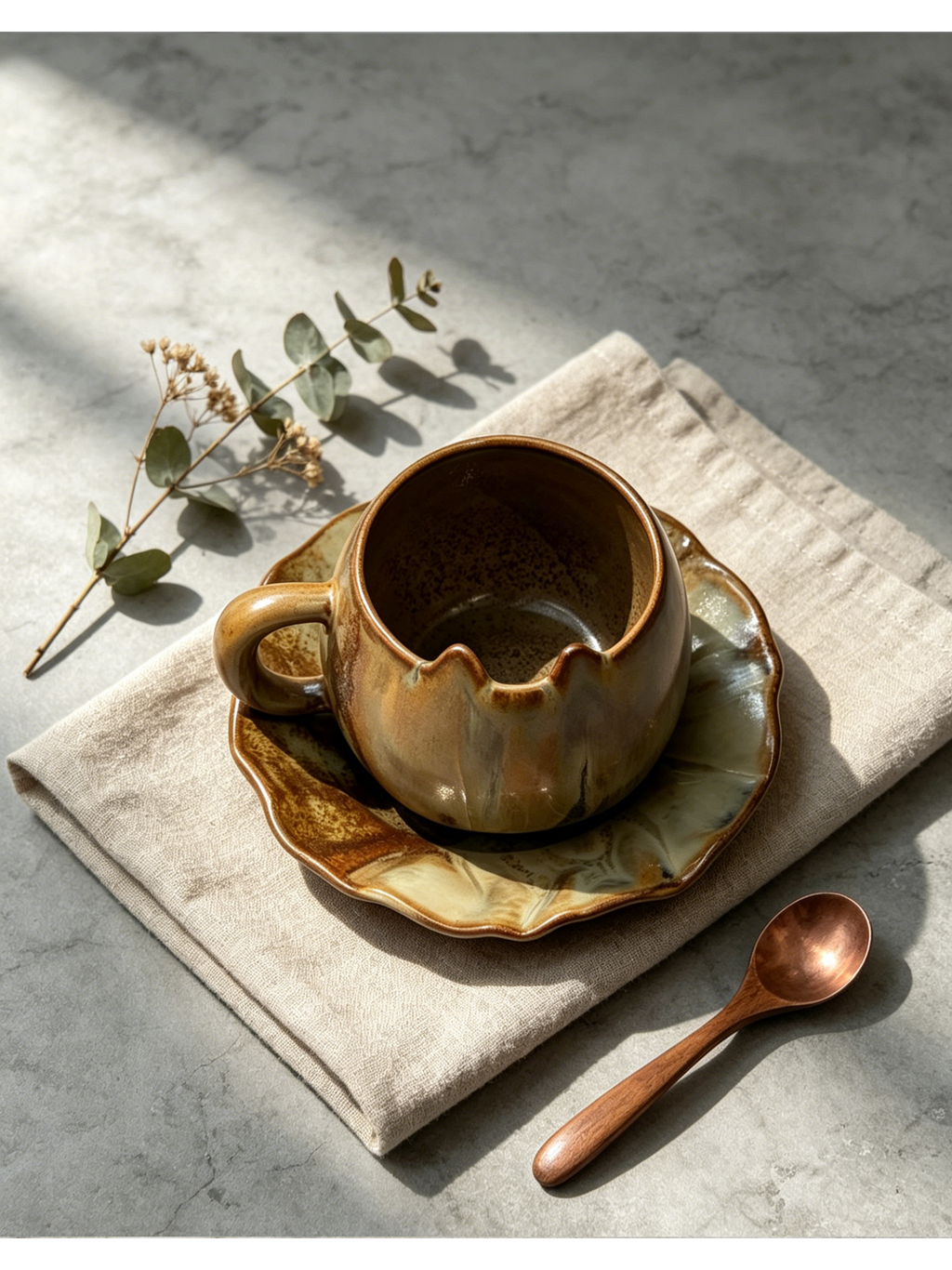 Jingdezhen Wood-Fired Cat Ear Ceramic Mug & Saucer Set