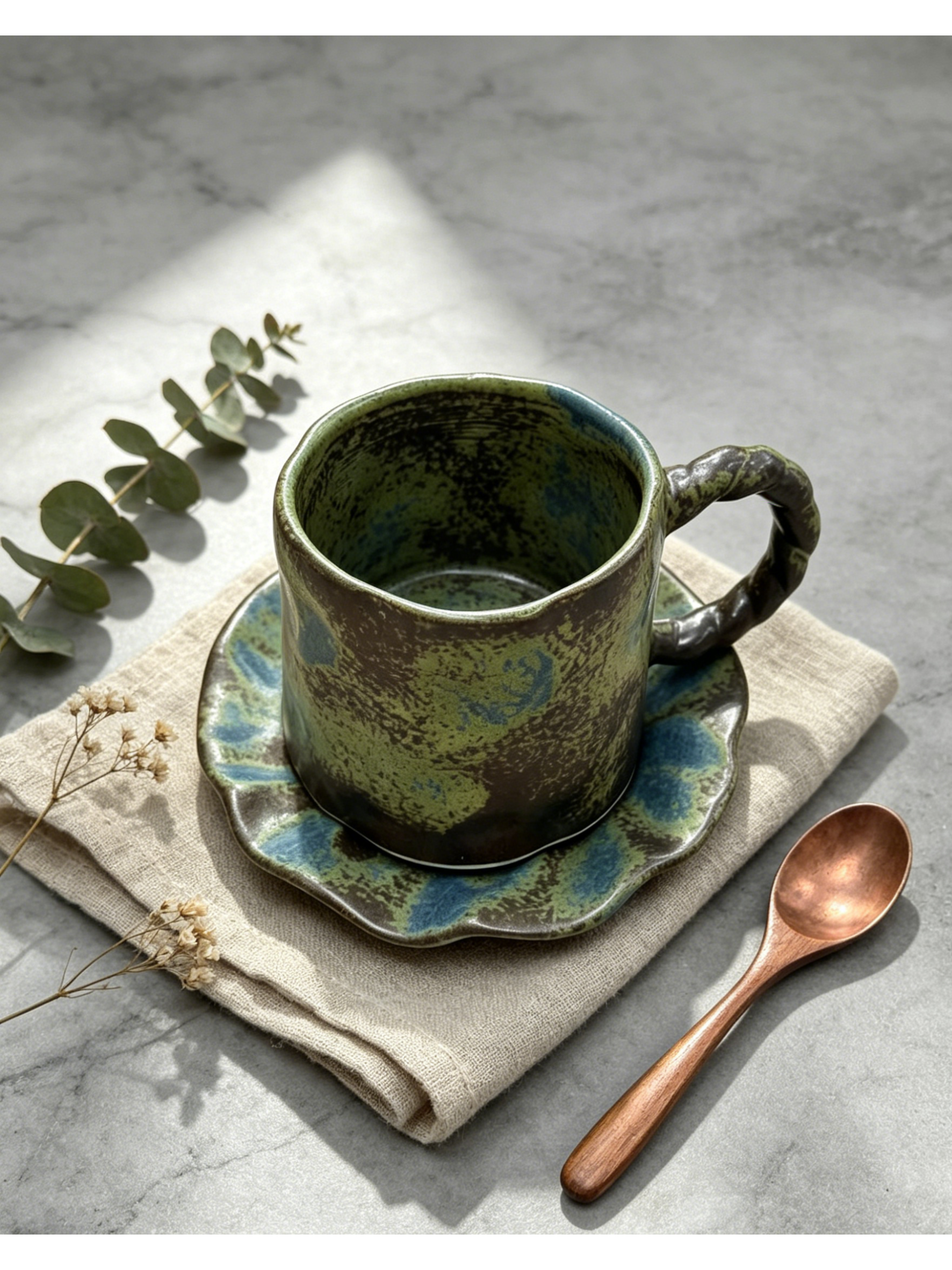 Jingdezhen Mossy Forest Hand-Thrown Ceramic Mug & Saucer Set