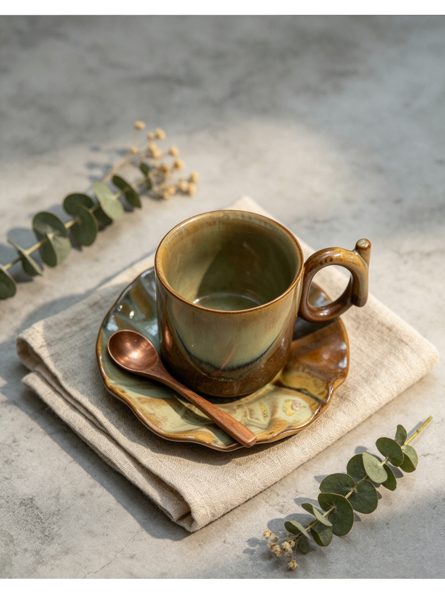 Jingdezhen Woodland Horizon Hand-Thrown Ceramic Mug & Saucer Set