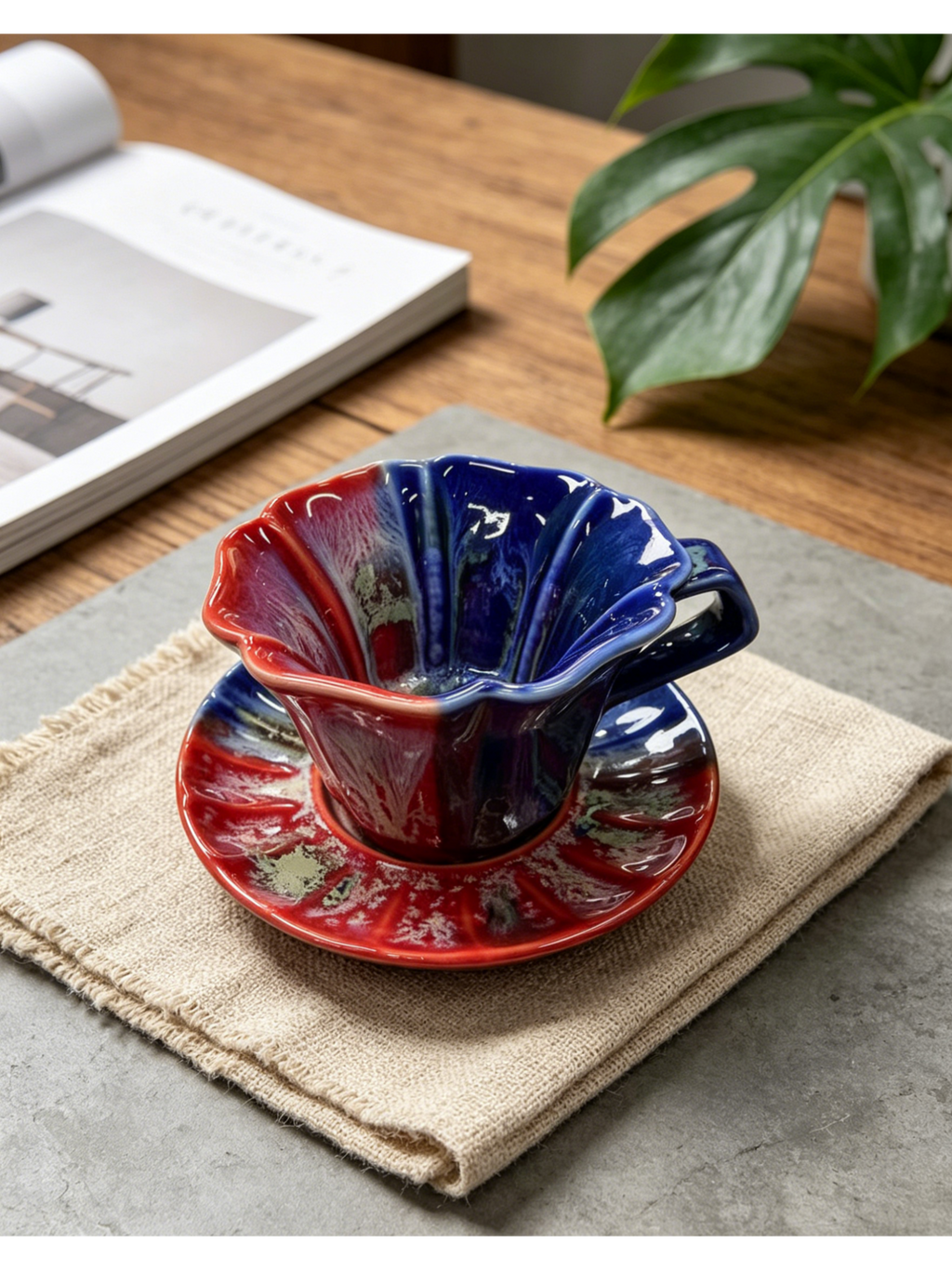 Aurora Kiln Bloom — Jingdezhen Jun-Style Flambé Glaze Floral-Rim Pour-Over Dripper Set