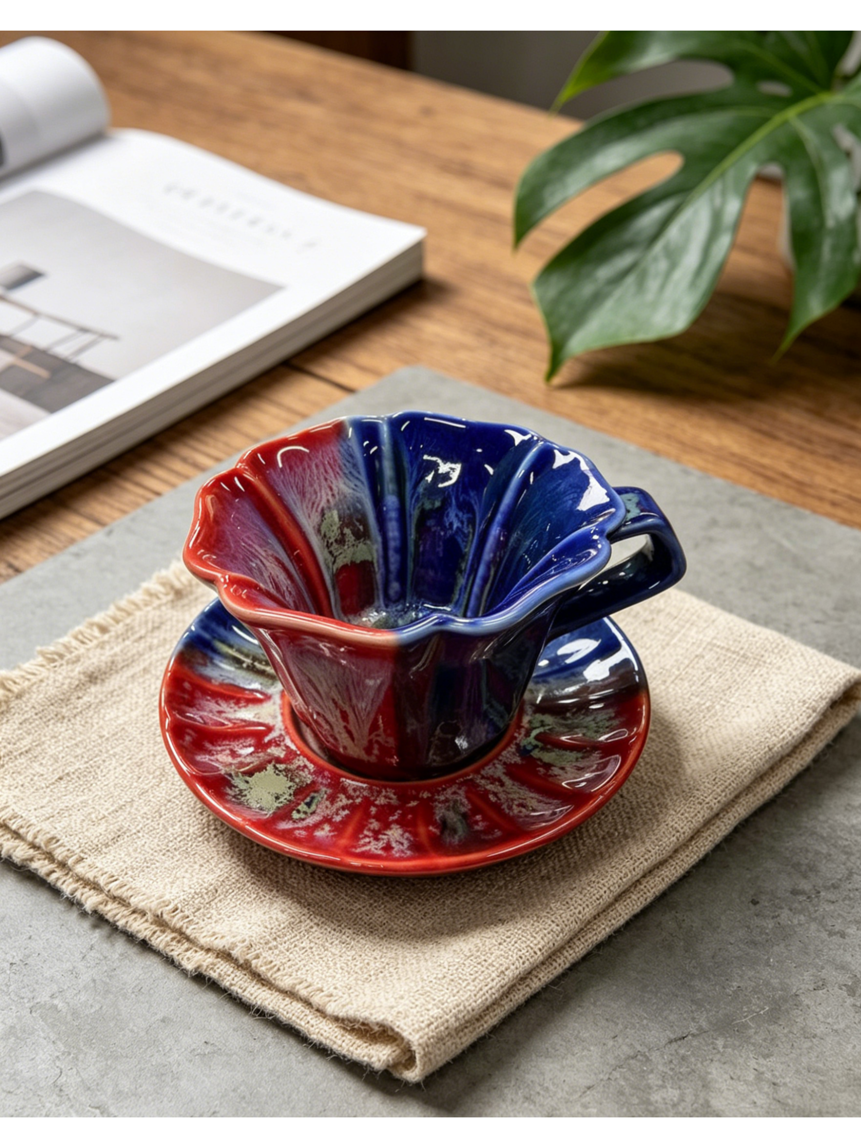 Aurora Kiln Bloom — Jingdezhen Jun-Style Flambé Glaze Floral-Rim Pour-Over Dripper Set
