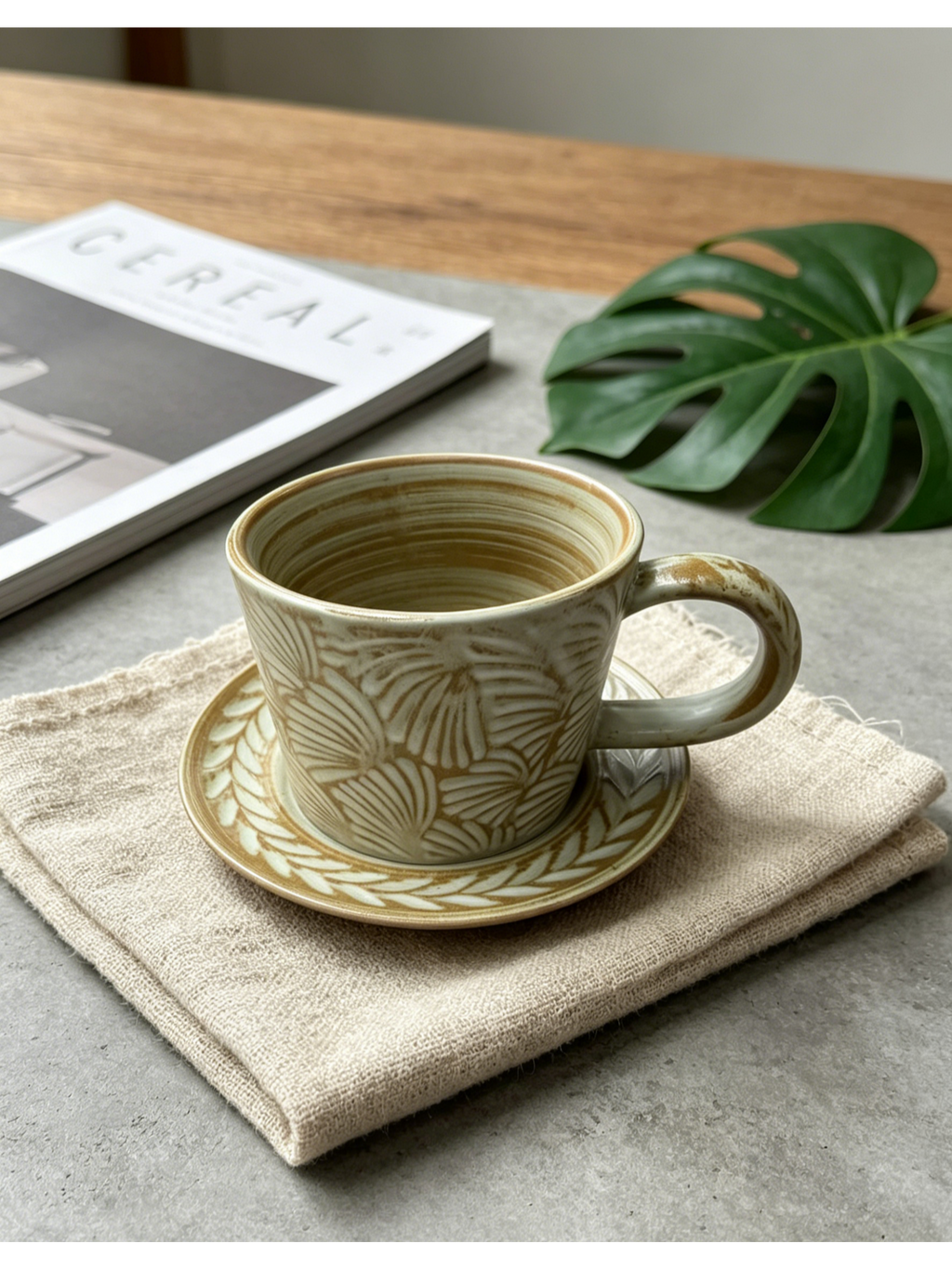 Palm Frond Kiln Relief — Jingdezhen Hand-Carved Botanical Stoneware Mug & Saucer Set