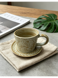 Palm Frond Kiln Relief — Jingdezhen Hand-Carved Botanical Stoneware Mug & Saucer Set