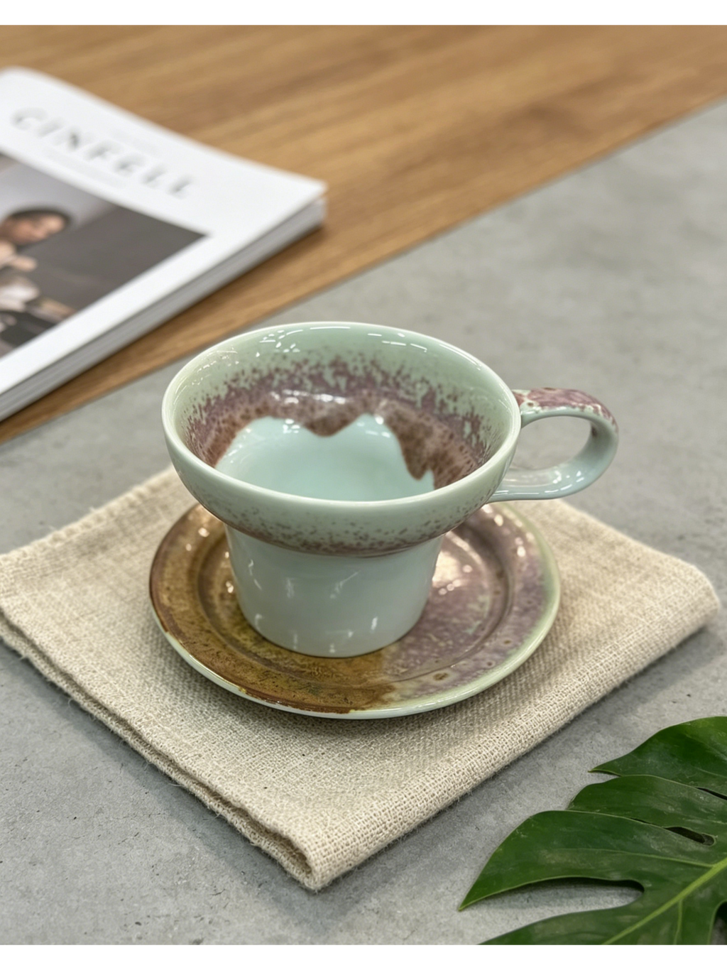 Peach Mist Celadon — Jingdezhen Kiln-Bloom Flare-Waist Cup & Saucer Set