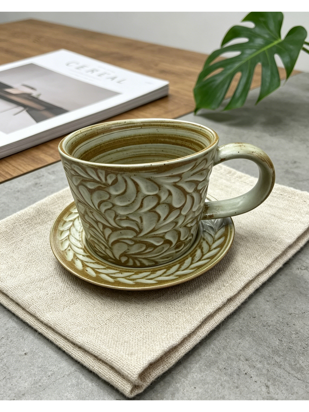 Kiln Vine Scroll — Jingdezhen Hand-Carved Relief Stoneware Mug & Saucer Set
