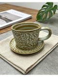Kiln Vine Scroll — Jingdezhen Hand-Carved Relief Stoneware Mug & Saucer Set