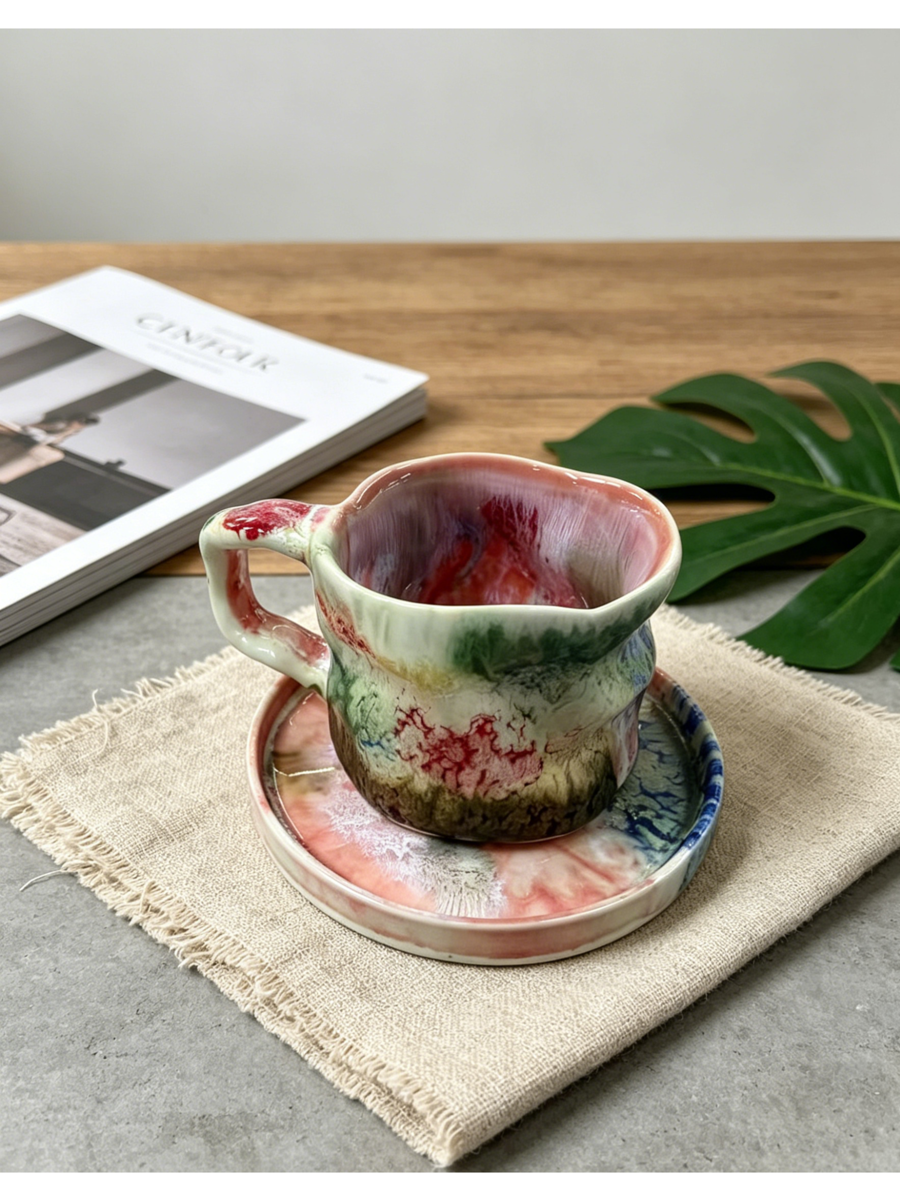 Kiln Aurora Dreamscape — Jingdezhen Hand-Formed Watercolor Glaze Mug & Saucer Set