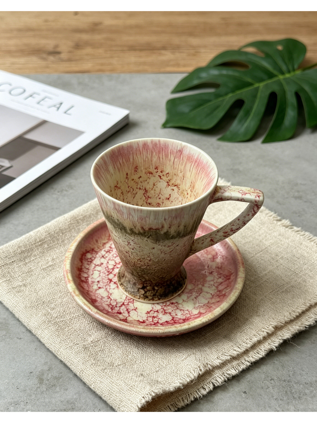 Coral Vein — Jingdezhen Peach-Bloom Kiln Glaze Tall Espresso Cup & Saucer Set