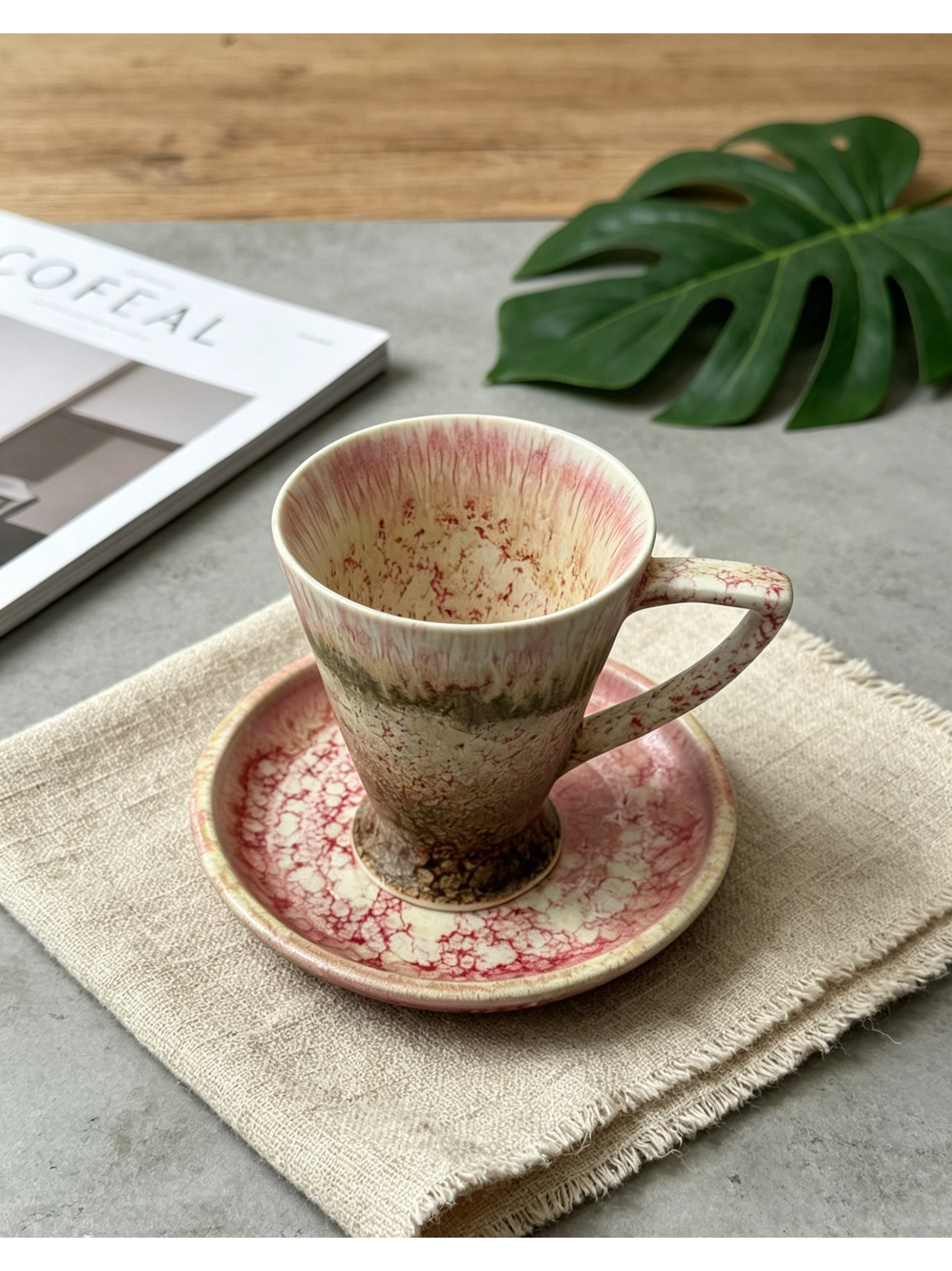 Coral Vein — Jingdezhen Peach-Bloom Kiln Glaze Tall Espresso Cup & Saucer Set
