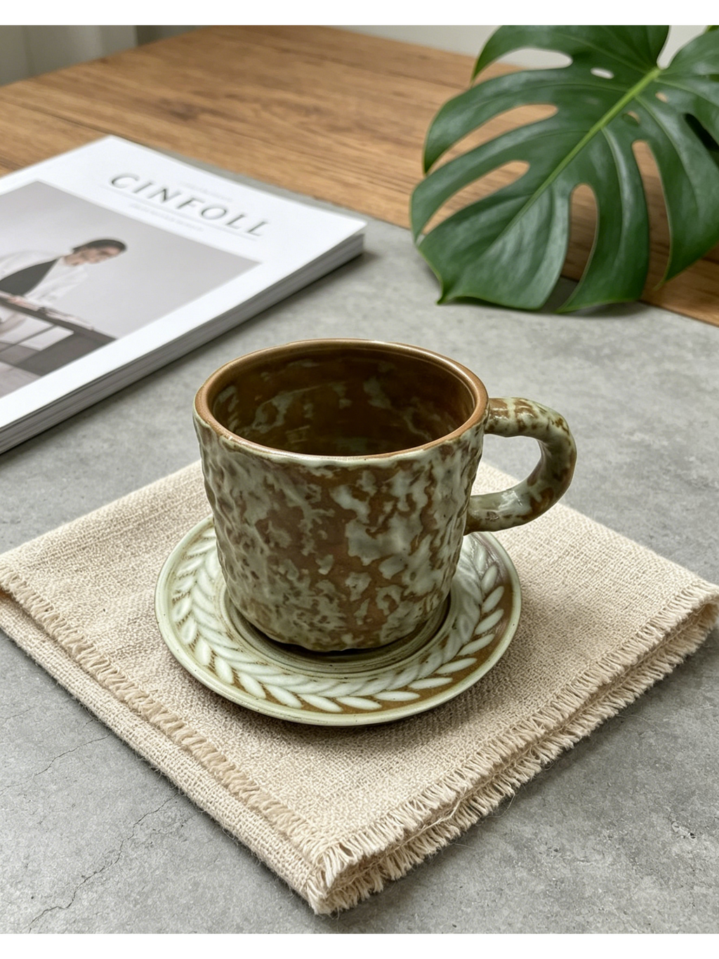 Mossy Kiln Stone — Jingdezhen Handcrafted Reactive Glaze Stoneware Mug & Saucer Set