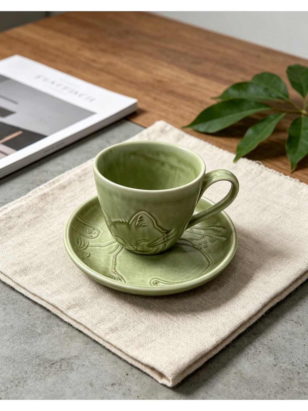 Jade Spring Napping Cat — Jingdezhen Secret Hue Celadon Embossed Mug & Saucer Set