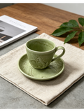 Jade Spring Napping Cat — Jingdezhen Secret Hue Celadon Embossed Mug & Saucer Set