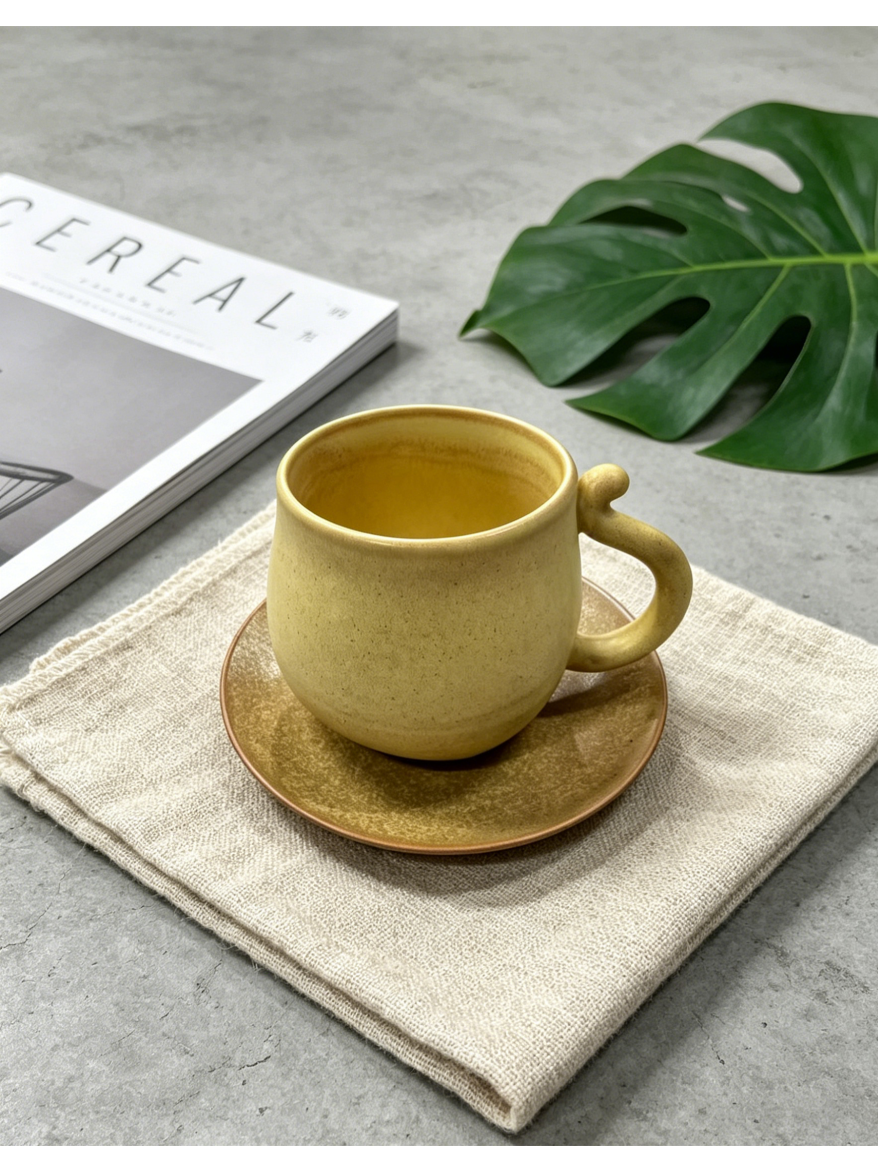 Sunny Kiln Pebble — Jingdezhen Hand-Thrown Mustard Yellow Mug & Saucer Set