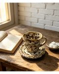 Handmade Speckled Ink Wabi-Sabi Ceramic Mug Set | One-of-a-Kind Jingdezhen Fold Cup & Saucer