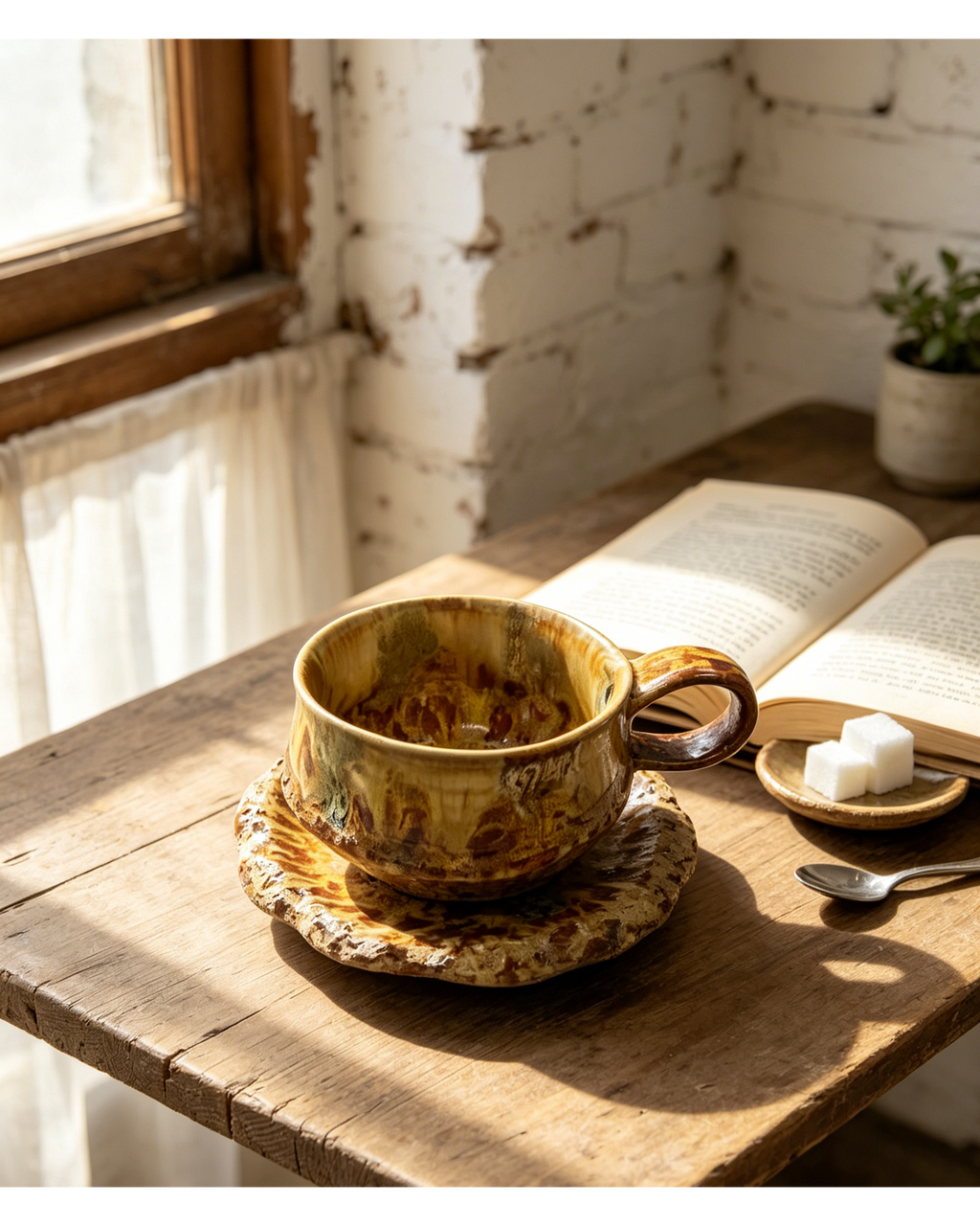 Autumn Wilderness Flow Glaze Wabi-Sabi Ceramic Mug Set | One-of-a-Kind Handmade Jingdezhen Cup & Saucer