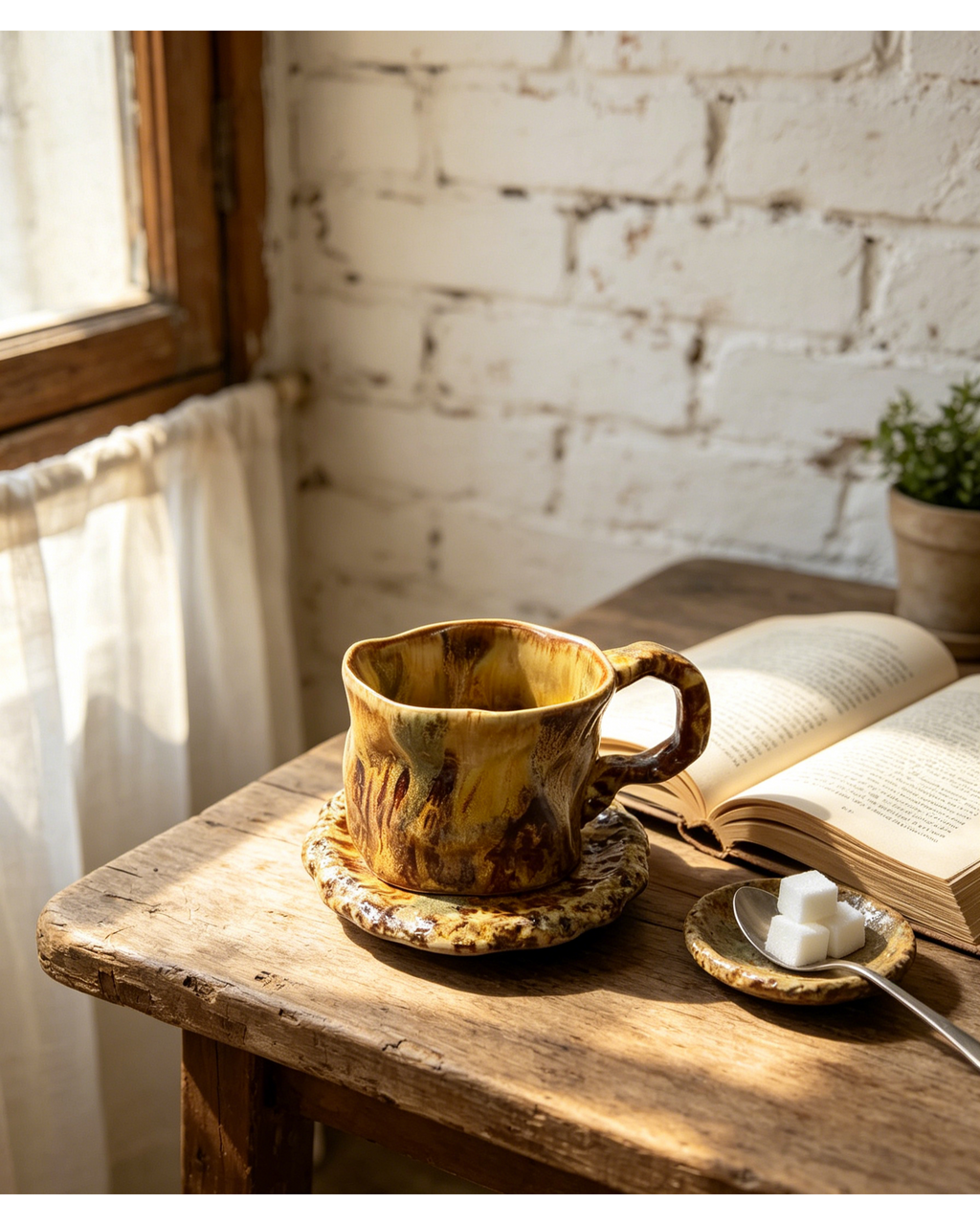Wild Terrain Vertical Flow Glaze Wabi-Sabi Ceramic Mug Set | One-of-a-Kind Hand Crinkled Jingdezhen Cup & Saucer