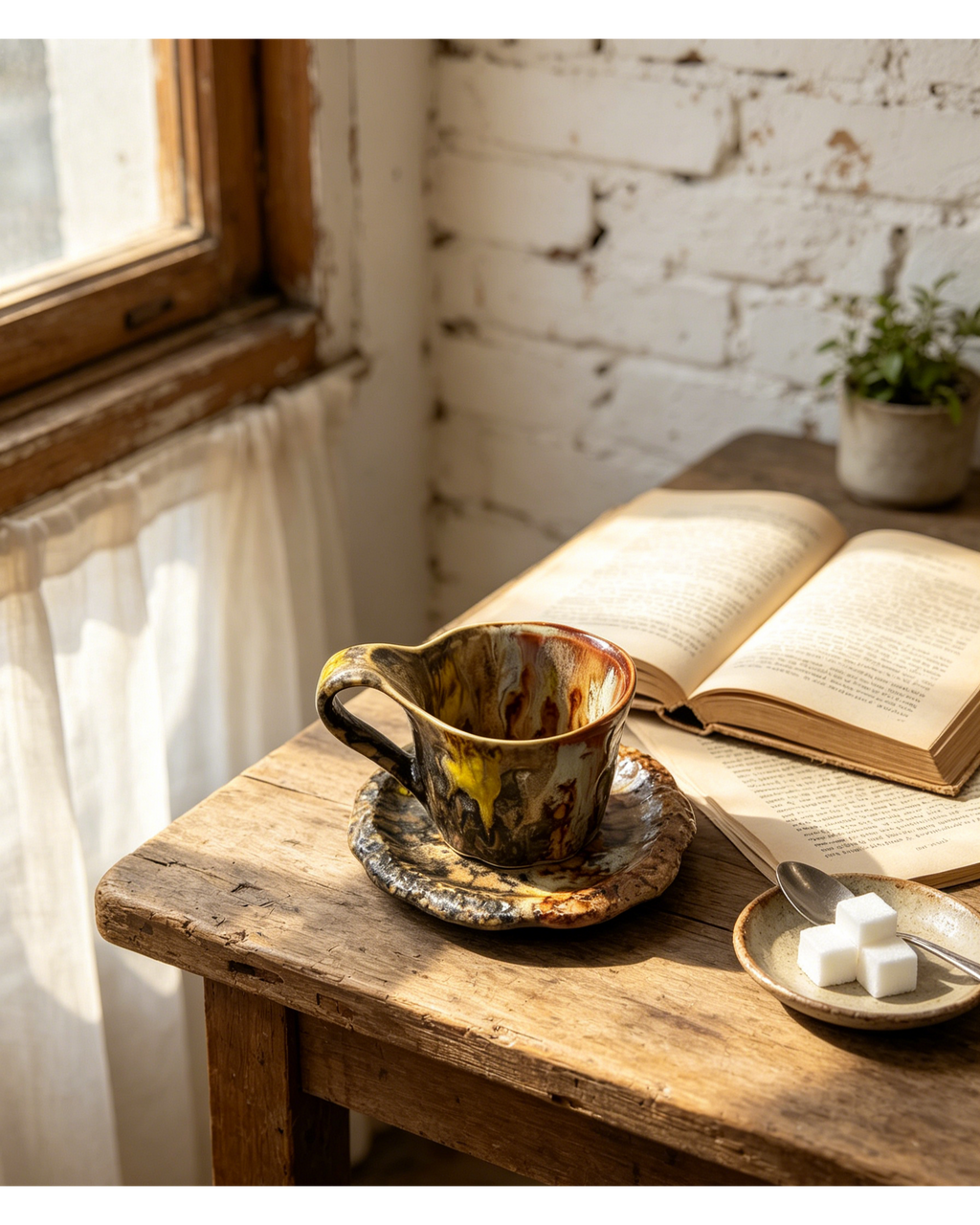 Marble Amber Ochre Mineral Flow Wabi-Sabi Ceramic Mug Set | One-of-a-Kind Hand Irregular Jingdezhen Cup & Saucer