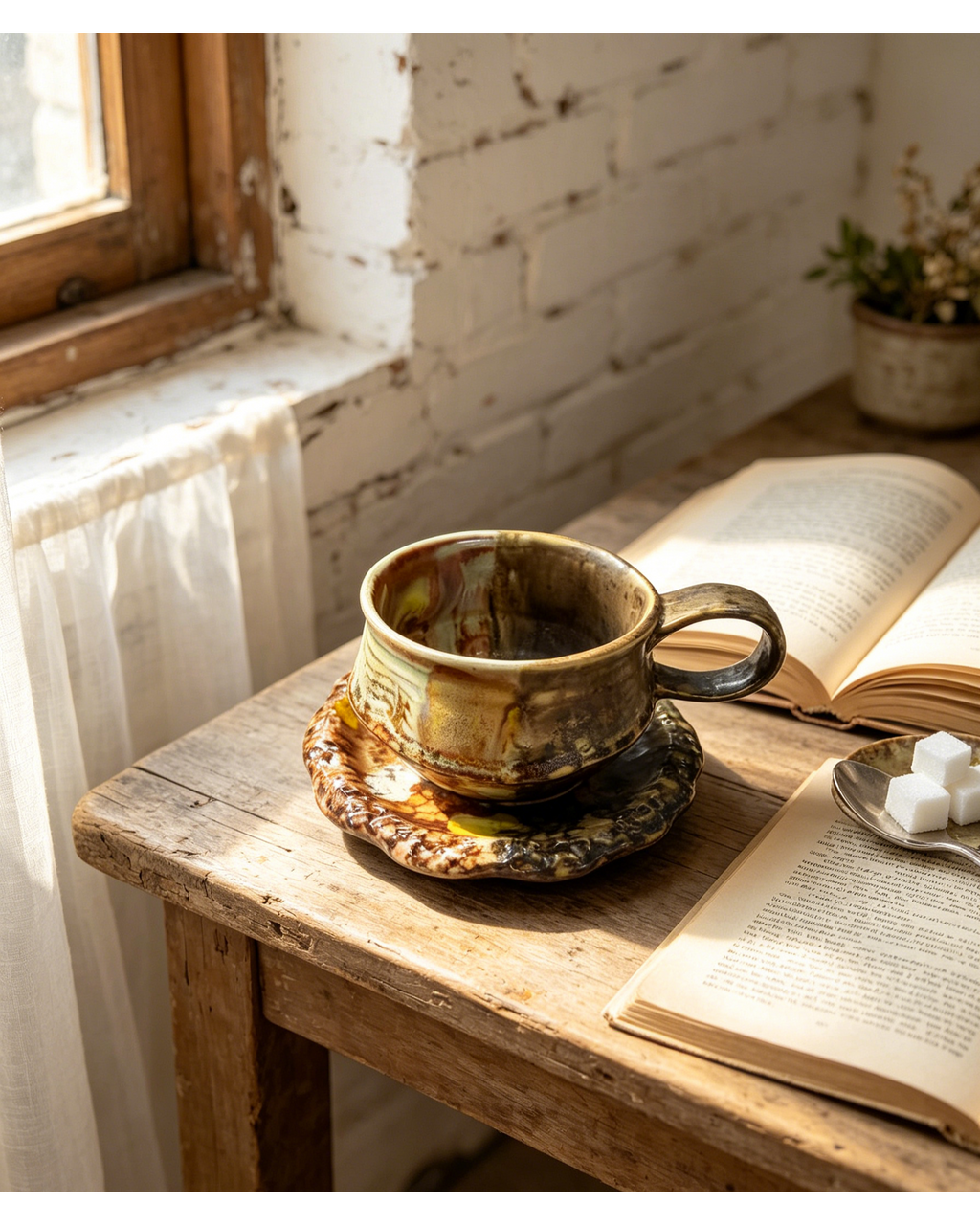 Split Two-Tone Fossil Mineral Wabi-Sabi Ceramic Mug Set | One-of-a-Kind Handmade Jingdezhen Cup & Saucer