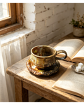 Split Two-Tone Fossil Mineral Wabi-Sabi Ceramic Mug Set | One-of-a-Kind Handmade Jingdezhen Cup & Saucer