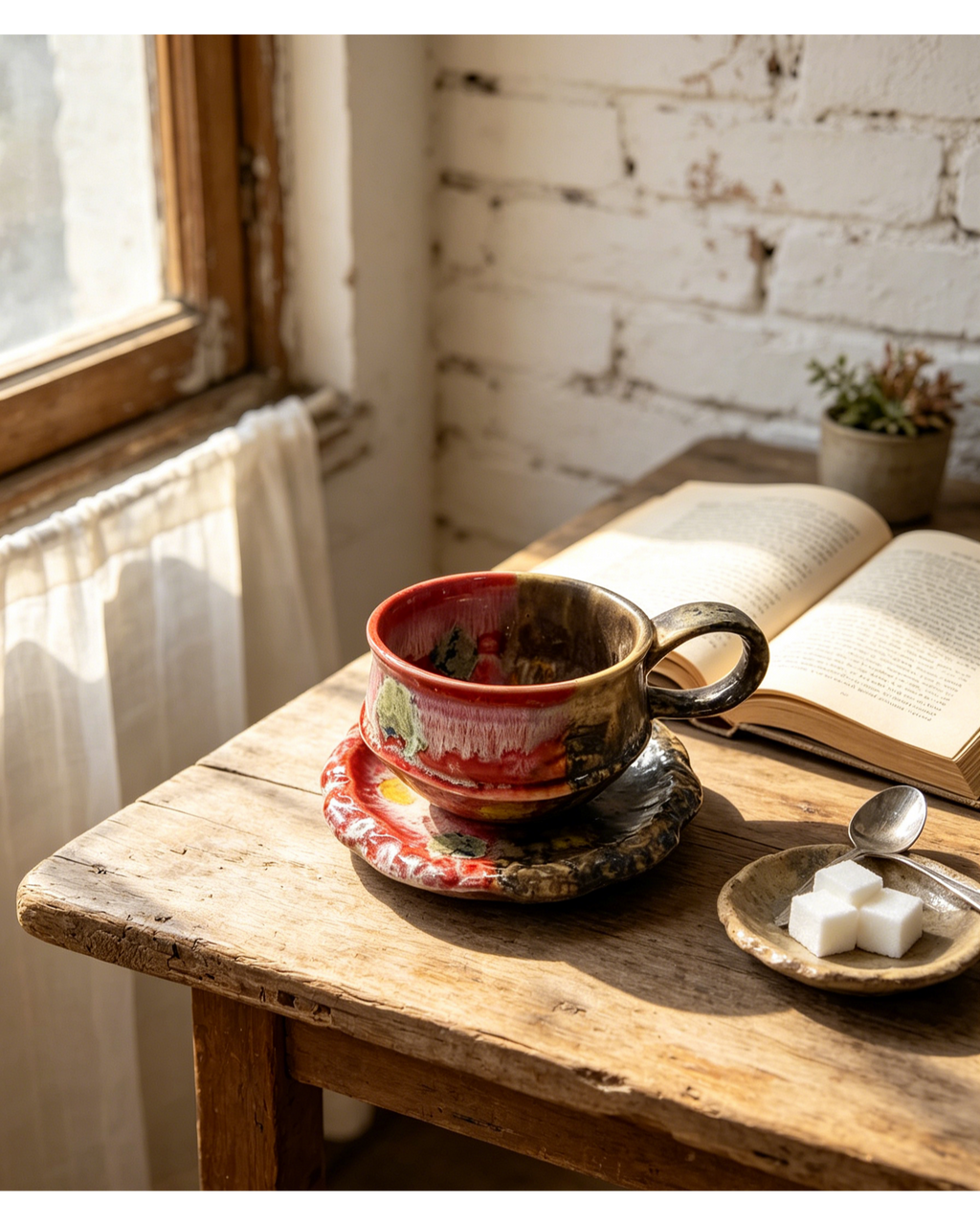 Half Split Crimson Red & Earth Dark Mineral Wabi-Sabi Ceramic Mug Set | One-of-a-Kind Handmade Jingdezhen Cup & Saucer