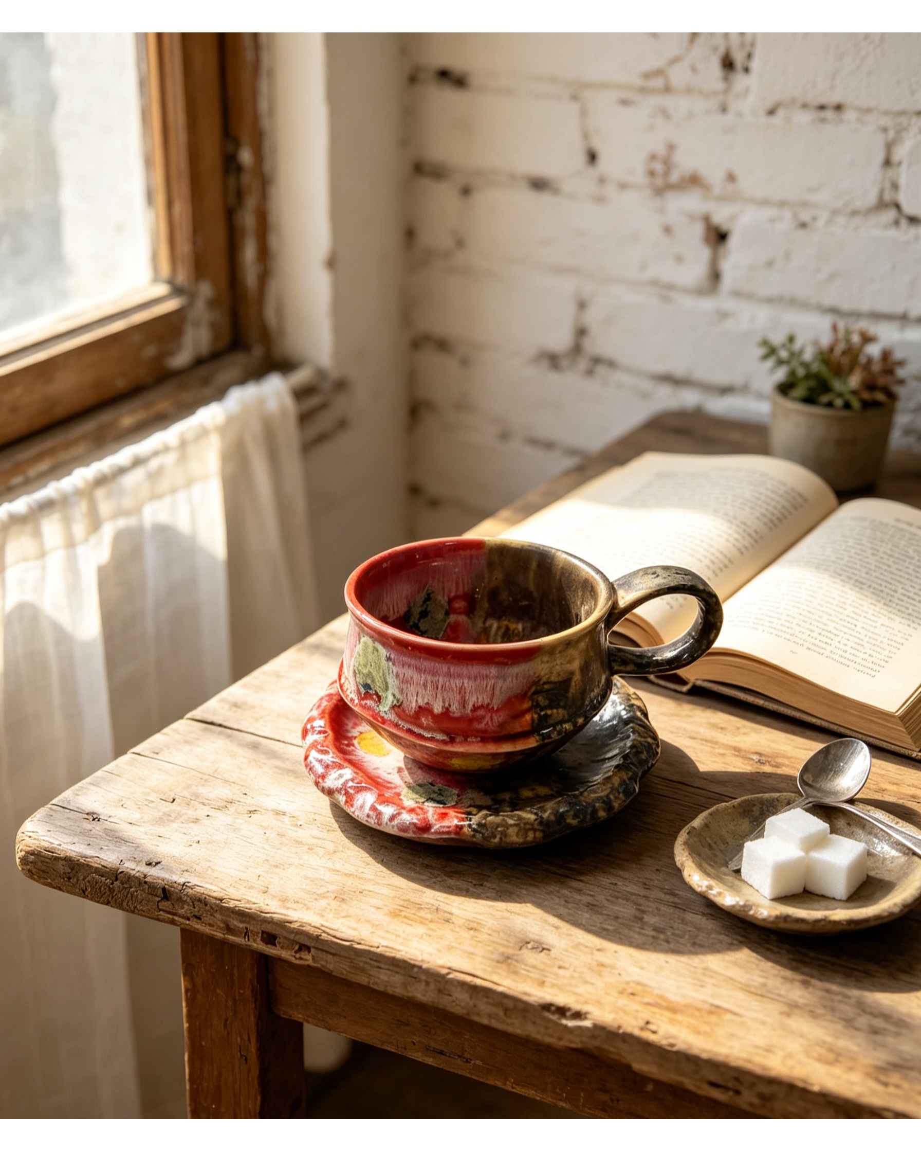 Half Split Crimson Red & Earth Dark Mineral Wabi-Sabi Ceramic Mug Set | One-of-a-Kind Handmade Jingdezhen Cup & Saucer