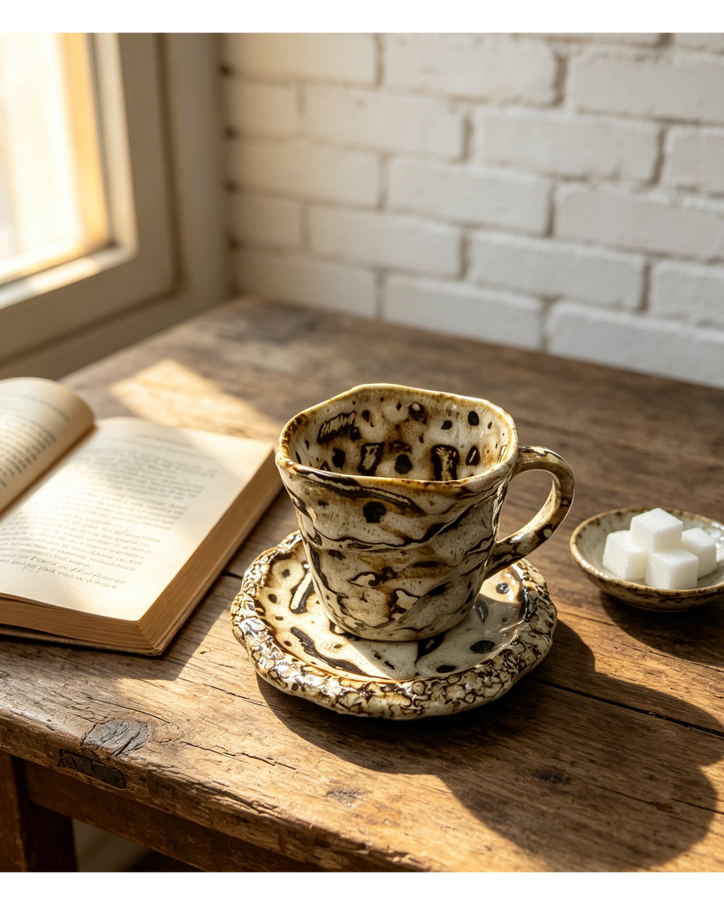Vintage Fossil Textured Wabi-Sabi Ceramic Mug Set | One-of-a-Kind Handmade Jingdezhen Fold Cup & Saucer