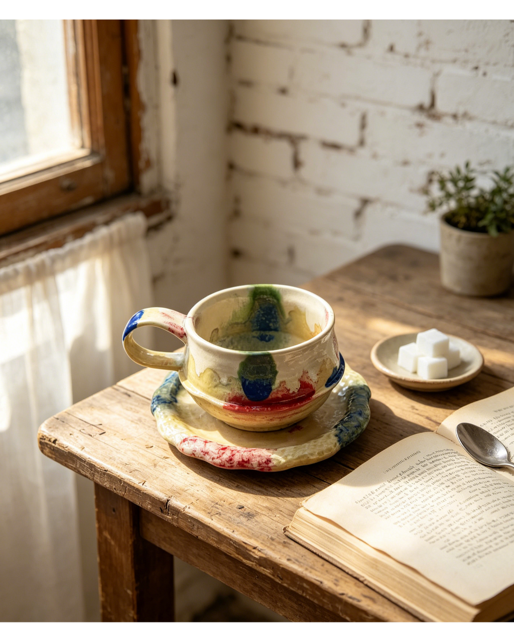 Handmade Watercolor Splash Wabi-Sabi Ceramic Mug Set | One-of-a-Kind Jingdezhen Irregular Cup & Saucer