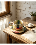 Handmade Watercolor Splash Wabi-Sabi Ceramic Mug Set | One-of-a-Kind Jingdezhen Irregular Cup & Saucer