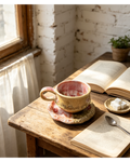 Blush Pink Earth Split Glaze Wabi-Sabi Ceramic Mug Set | One-of-a-Kind Handmade Jingdezhen Cup & Saucer