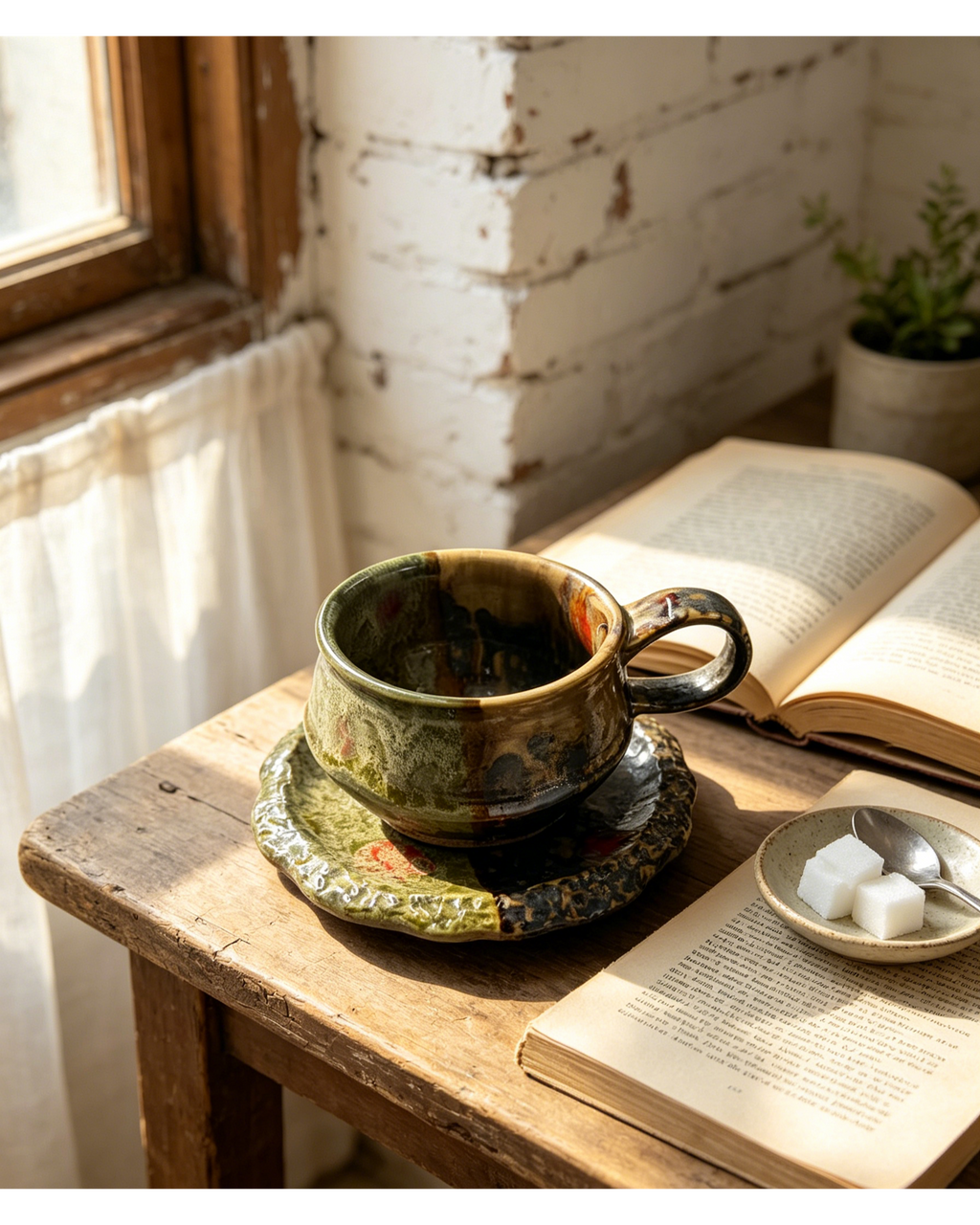 Split Moss & Dark Earth Glaze Wabi-Sabi Ceramic Mug Set | One-of-a-Kind Handmade Jingdezhen Cup & Saucer
