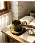 Split Moss & Dark Earth Glaze Wabi-Sabi Ceramic Mug Set | One-of-a-Kind Handmade Jingdezhen Cup & Saucer