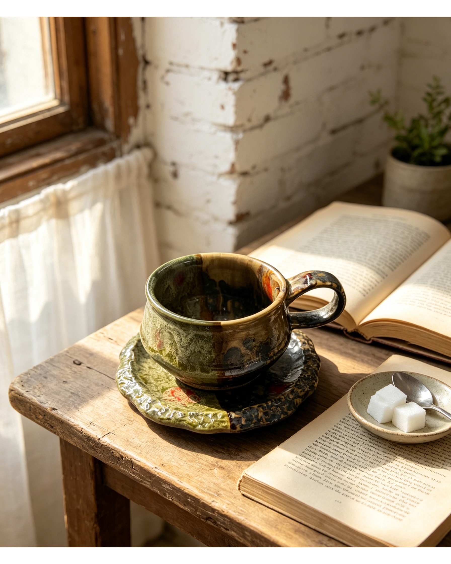 Split Moss & Dark Earth Glaze Wabi-Sabi Ceramic Mug Set | One-of-a-Kind Handmade Jingdezhen Cup & Saucer