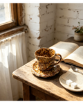 Vintage Cracked Amber Agate Wabi-Sabi Ceramic Mug Set | One-of-a-Kind Hand Crinkled Jingdezhen Cup & Saucer