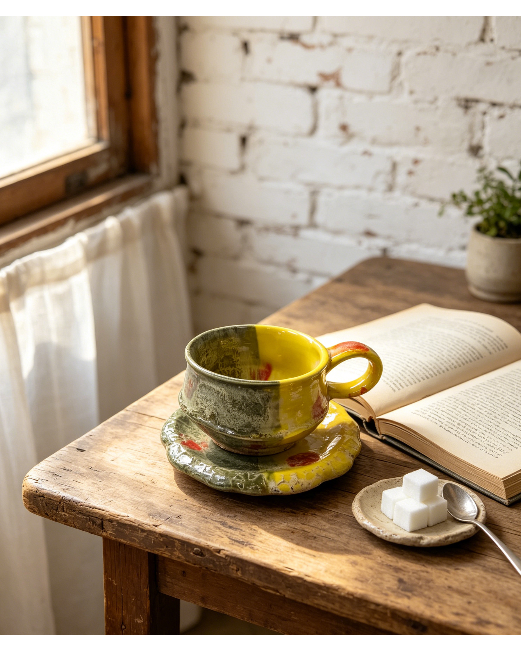 Half Split Moss Green & Lemon Yellow Wabi-Sabi Ceramic Mug Set | One-of-a-Kind Handmade Jingdezhen Cup & Saucer