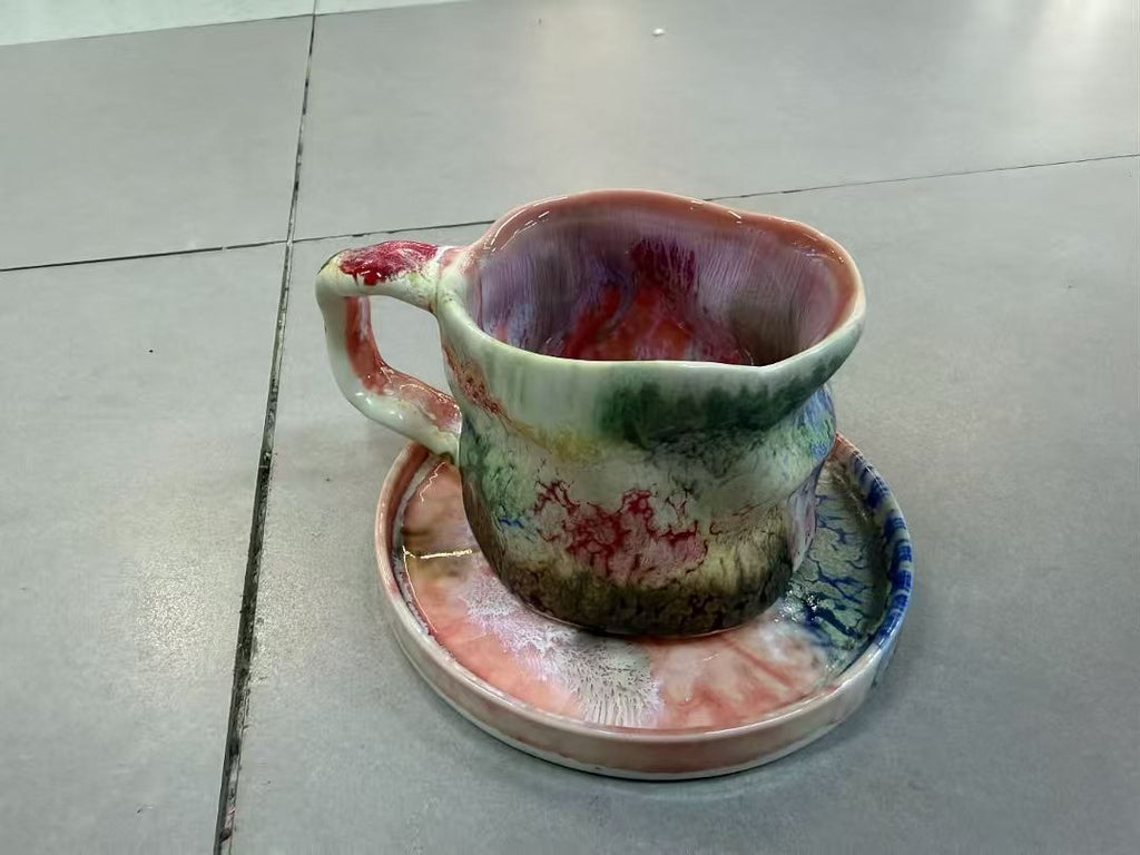 Kiln Aurora Dreamscape — Jingdezhen Hand-Formed Watercolor Glaze Mug & Saucer Set