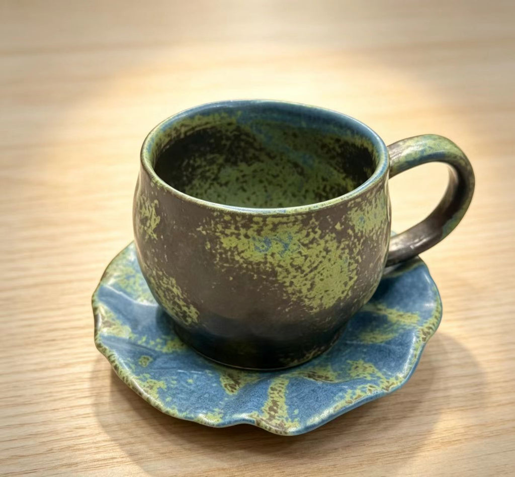 Jingdezhen Mossy Tide Hand-Thrown Ceramic Mug & Saucer Set