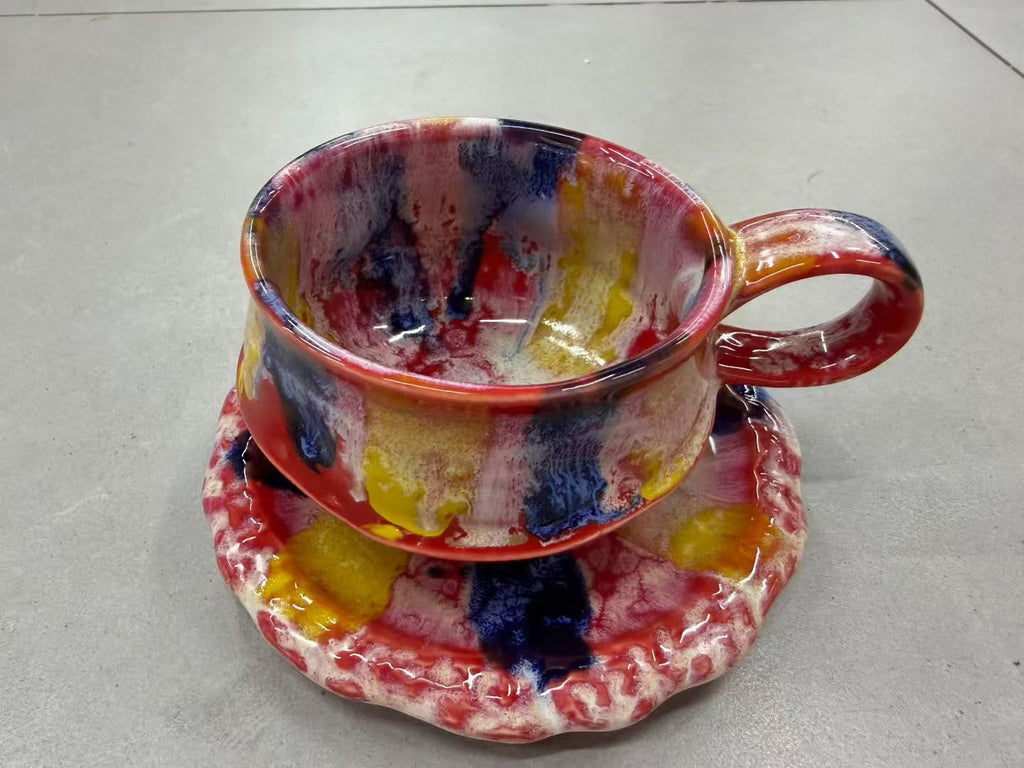 Abstract Bold Color Splash Wabi-Sabi Ceramic Mug Set | One-of-a-Kind Handmade Jingdezhen Irregular Cup & Saucer