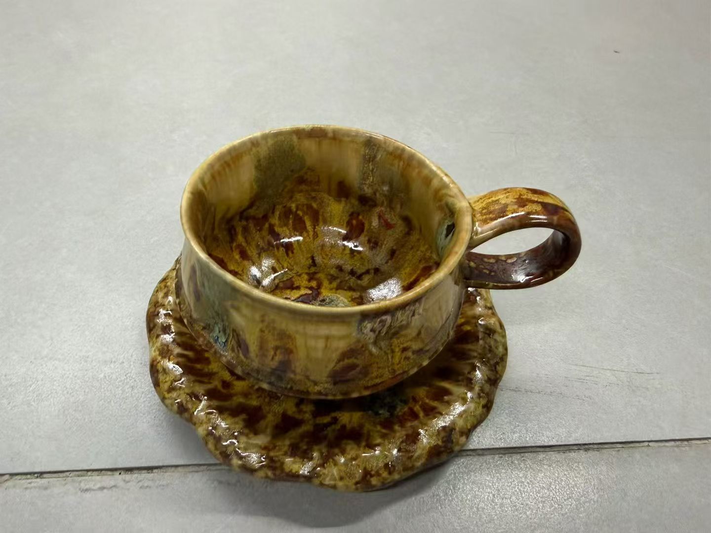 Autumn Wilderness Flow Glaze Wabi-Sabi Ceramic Mug Set | One-of-a-Kind Handmade Jingdezhen Cup & Saucer