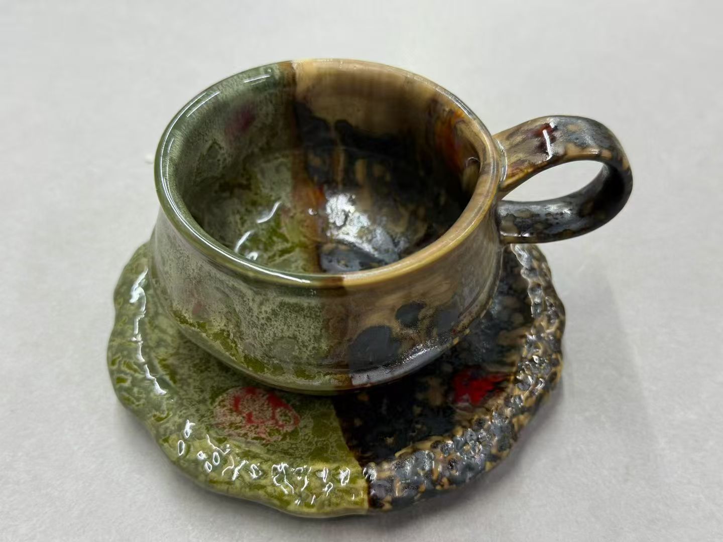 Split Moss & Dark Earth Glaze Wabi-Sabi Ceramic Mug Set | One-of-a-Kind Handmade Jingdezhen Cup & Saucer