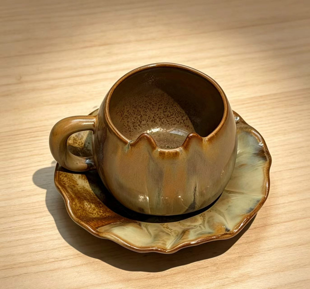 Jingdezhen Wood-Fired Cat Ear Ceramic Mug & Saucer Set