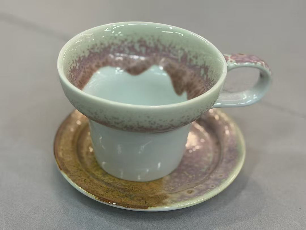 Peach Mist Celadon — Jingdezhen Kiln-Bloom Flare-Waist Cup & Saucer Set