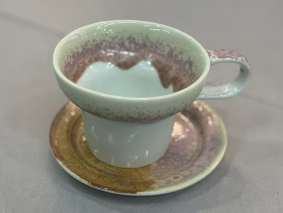 Peach Mist Celadon — Jingdezhen Kiln-Bloom Flare-Waist Cup & Saucer Set